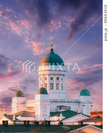 Helsinki, Finland. Very Peri Cloudy Sky Above Lutheran Cathedral On Senate Square. Famous Landmark In Finnish Capital. Bright Dramatic Light Purple Sky 96663616