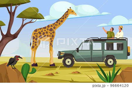Safari tour or jeep safari, vector banner. 96664120