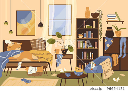 Dirty room interior, vector banner or background. 96664121