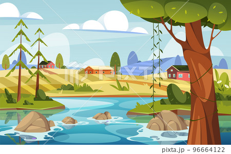 River landscape, scape of lake bank, vector banner 96664122