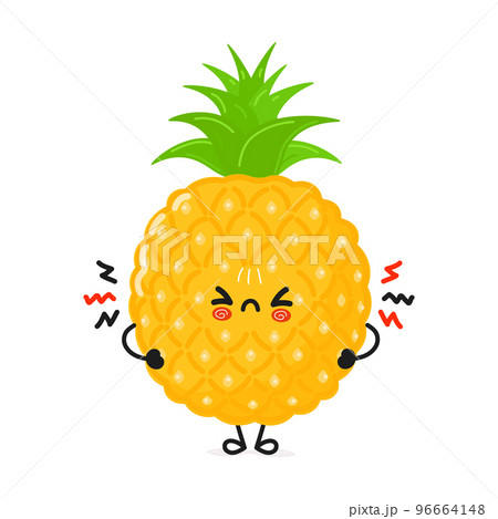 Cute angry pineapple character. Vector hand drawn cartoon kawaii character illustration icon. Isolated on white background. Sad pineapple character concept 96664148