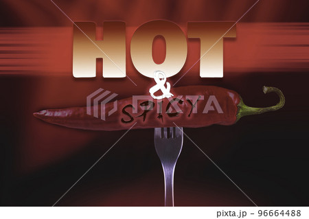 Hot chili peppers on fork. Extra spicy. Mexican food with pepper. Seasonings and spices. Hellish seasoning. 96664488