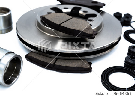 Automotive Spare Parts of disc brake pads system, disc brake caliper piston, disk brake repair kit isolated on white background, Car maintenance service concept. 96664863