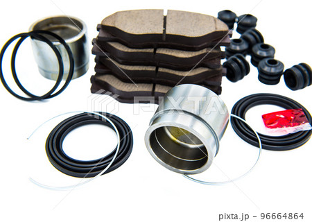 Automotive Spare Parts of disc brake pads system, disc brake caliper piston, disk brake repair kit isolated on white background, Car maintenance service concept. 96664864