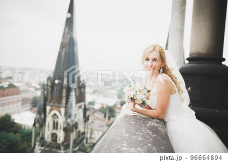 Portrait of stunning bride with long hair posing with great bouquet Portrait of stunning bride with long hair posing with great bouquet 96664894