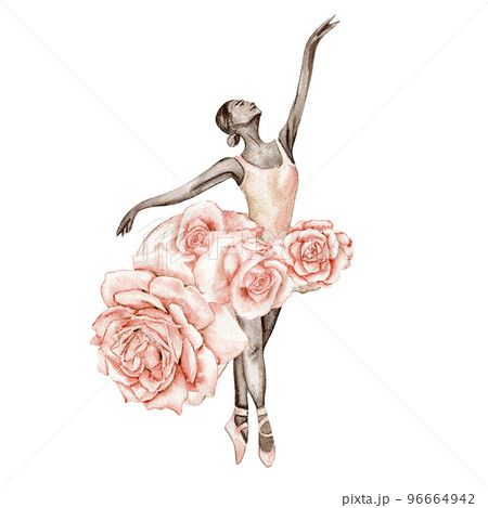 Watercolor dancing ballerina composition with flowers.Pink pretty ballerina. Watercolor hand draw illustration. Can be used for cards or posters. With white isolated background. Illustartion 96664942