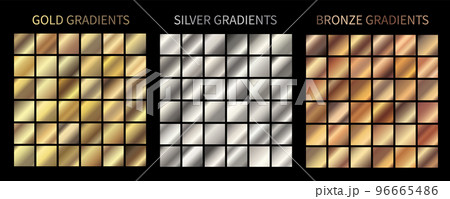 Gold, silver, bronze gradients vector. Metallic gradients set vector color swatches. For Christmas cards, banners, fonts, New Year Eve party flyers, invitation design, medal, ribbon, certificate 96665486