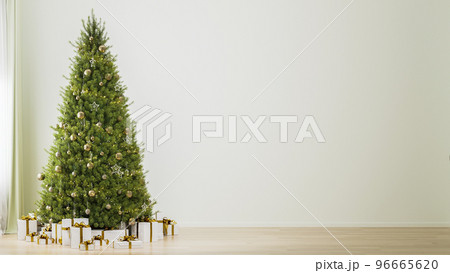 Empty room interior with decorated Christmas tree with festive lights, ornaments, gifts, 3d rendering Empty room interior with decorated Christmas tree with festive lights, ornaments, gifts, 3d rendering 96665620