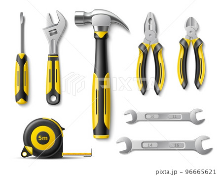 Realistic hand tools. Different worker instruments. Top view wrench, screwdriver and pliers, construction tape measure, 3d objects, hammer with rubber handles, metal parts, utter vector set Realistic hand tools. Different worker instruments. Top view wrench, screwdriver and pliers, construction tape measure, 3d objects, hammer with rubber handles, metal parts, utter vector set 96665621