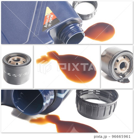 Collage with open engine oil bottle with a puddle of engine oil isolated on white background. 96665961