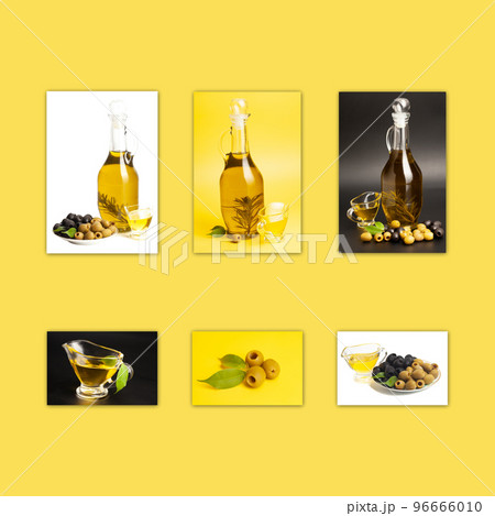 Collage with Jug with olive oil, green and black olives on yellow background. 96666010
