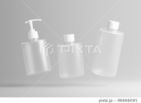 Three different frosted glass cosmetic product floating bottles set template on gray background 3D render Three different frosted glass cosmetic product floating bottles set template on gray background 3D render 96666095