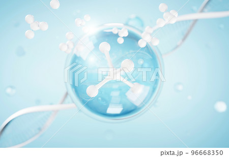 Cosmetics Essence molecule, collagen, Vitamin or Serum drop water for moisturizer. Liquid molecule chemical structure on water background. Cosmetics power treatment. Natural product. 3d rendering. 96668350