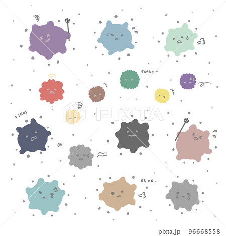 手描きの悲しい顔のウイルス･ばい菌･ほこりのセット - 殺菌･除菌･治療のイメージ素材 96668558