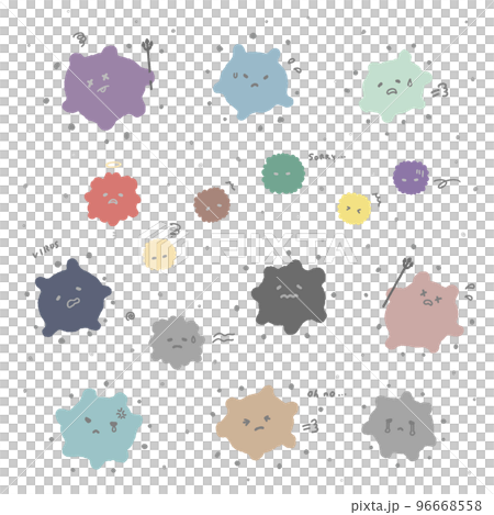 一組手繪悲傷的臉病毒、細菌和灰塵-用於滅菌、消毒和治療的圖像材料 96668558