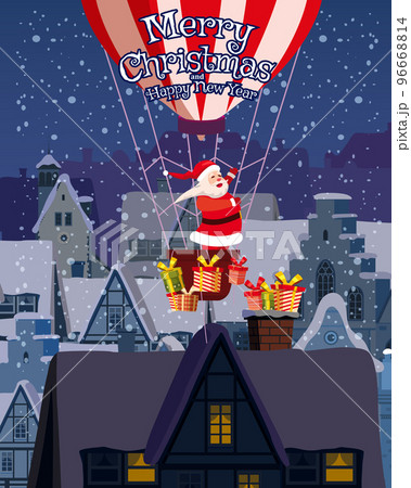 Santa Claus delivers gifts in a balloon. Merry Christmas poster, night, old Europe city, town Santa Claus delivers gifts in a balloon. Merry Christmas poster, night, old Europe city, town 96668814
