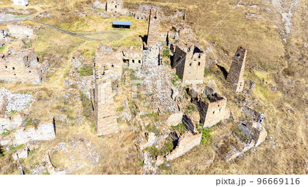 Ruined stone towers of an ancient civilization viewed from a height 96669116