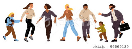 Frightened people running. Fleeing in panic persons. Negative emotion. Parents saving children. Scared characters escape. Terrified men and women. Phobia or stress. Garish vector set 96669189