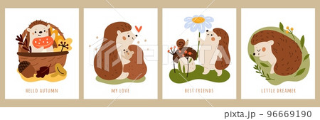 Cute hedgehogs cards. Funny forest animals. Happy kids characters. Summer and autumn posters. Mom and child love. Wild nature. Mushrooms basket. Parent and cub hug. Garish vector set Cute hedgehogs cards. Funny forest animals. Happy kids characters. Summer and autumn posters. Mom and child love. Wild nature. Mushrooms basket. Parent and cub hug. Garish vector set 96669190