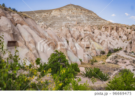 Beautiful stunning view of the mountains of Cappadocia and cave houses. Turkey 96669475