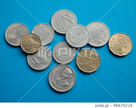 National Uruguayan currency, Nuevos Peso and Centesimos coin money of Uruguay 96670216
