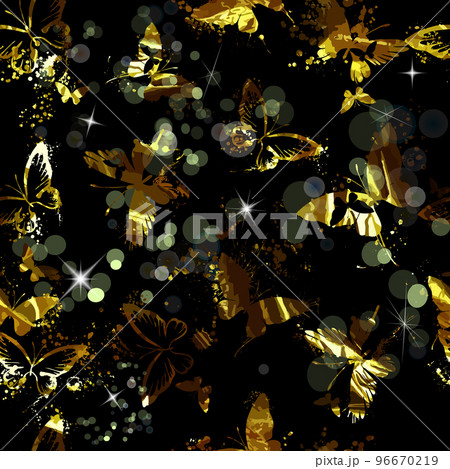 Vector illustration vintage hand drawn seamless pattern with beautiful gold metallic butterflies silhouettes on black background 96670219