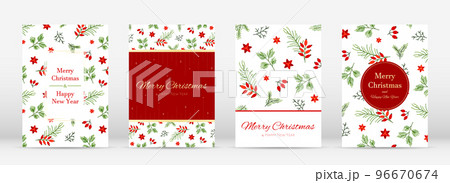 Natural Christmas card spruce fir berry branch flat set. Traditional holiday palette white red green plant briar poinsettia spruce gold beads star lettering font elegant greeting gift label isolated Natural Christmas card spruce fir berry branch flat set. Traditional holiday palette white red green plant briar poinsettia spruce gold beads star lettering font elegant greeting gift label isolated 96670674