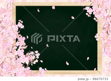 華やかな桜の花と黒板ー春の花びら舞い散る背景素材 96670733