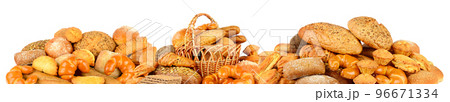 Panoramic photo bread products and variety buns isolated on white 96671334