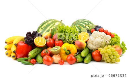 Fresh vegetables and fruits isolated not white Fresh vegetables and fruits isolated not white 96671335