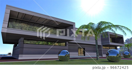 The backyard of a futuristic country house with its own backyard. Finishing the facade with special composite energy-efficient panels. Large steel balls on the lawn as decoration. 3d render. 96672425