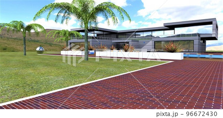 The project of exclusive club apartments. The path to the recreation area is paved with red brick. Spacious meadow with palm trees and a steel ball. 3d render. 96672430