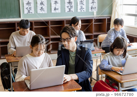 ノートパソコン,ガジェットの操作方法を教わる小学生 96672780