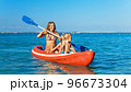 Happy family - young mother, children have fun on boat walk 96673304