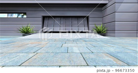 Entrance to the garage of a house built according to a futuristic design. Smart lifting gates that automatically recognize the entering person. 3d render. 96673350