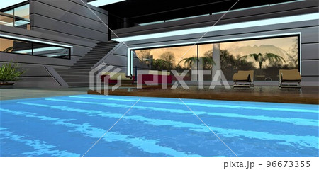 Evening comes in the courtyard of a modern country house. Relaxation area with illuminated pool and decking. LED window lighting. 3d render. 96673355