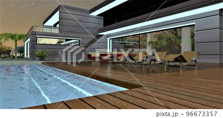 Four sun loungers on a terrace board near the illuminated pool in the courtyard of a stylish house with a spacious seating area on a beautiful starry night. 3d render. Four sun loungers on a terrace board near the illuminated pool in the courtyard of a stylish house with a spacious seating area on a beautiful starry night. 3d render. 96673357