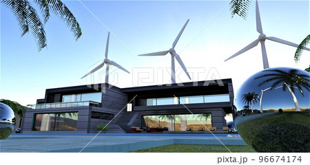Modern silent wind turbines provide energy to a stylish country estate. The amount of electricity generated allows it to be sold to neighboring households. 3d render. Modern silent wind turbines provide energy to a stylish country estate. The amount of electricity generated allows it to be sold to neighboring households. 3d render. 96674174
