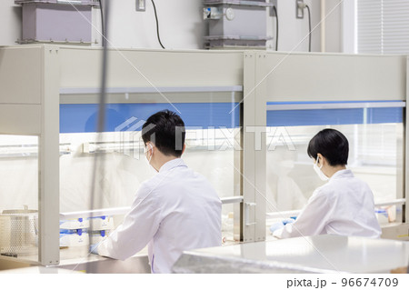 クリーンベンチで働く研究者 96674709