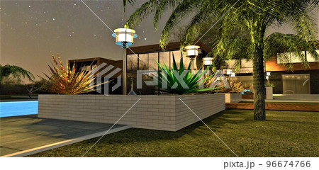 Night lights in the recreation area of a chic country house with a swimming pool create coziness and an impression of peace and serenity under the starry sky. 3d render. 96674766