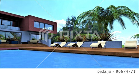 Swimming pool and wooden terrace with beige outdoor loungers in the courtyard of a stylish private estate. Cozy environment and a sense of serenity. 3d render. Swimming pool and wooden terrace with beige outdoor loungers in the courtyard of a stylish private estate. Cozy environment and a sense of serenity. 3d render. 96674771