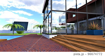 The footpath is paved with red-blue bricks. To the right, the wooden steps of the cozy patio. Glass facade of the house. Ahead is an autonomous solar power plant. 3d render. 96674772