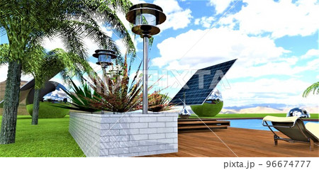 Yard of a technologically advanced futuristic estate. Autonomous solar power plants on trackers in the form of a steel ball with batteries. Night low-power street lamps. 3d render. 96674777