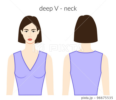 Deep V - neckline clothes character beautiful lady in lavanda top, shirt, dress technical fashion illustration fitted 96675535