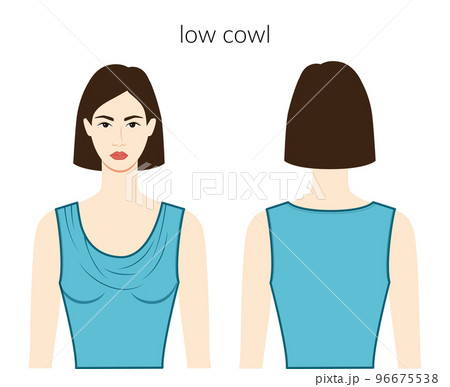 Low cowl neckline clothes character beautiful lady in blue top, shirt, dress technical fashion illustration fitted body 96675538