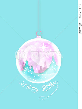 Merry Christmas ball shape. Winter seasonal holiday Christmas background, watercolor style. Christmas greeting card, snow globe and winter forest inside. Vector illustration isolated on blue 96676165