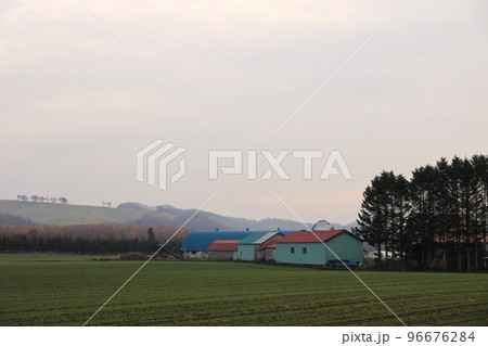 北海道　十勝地方　牧場のある風景　 96676284