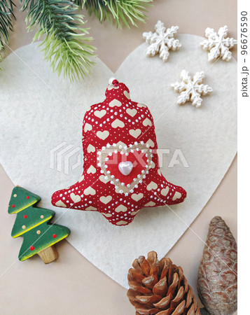 DIY red soft bell for Christmas decoration or for gift. Handmade baubles zero-waste Christmas 96676590