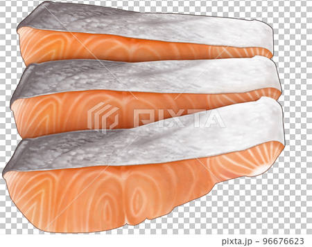 シャケの切り身三切れの美味しそうなリアルなテイストの手描きイラスト シャケの切り身三切れの美味しそうなリアルなテイストの手描きイラスト 96676623