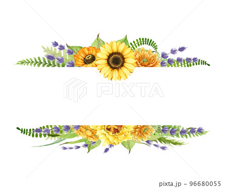 Bright summer flower decorative frame. Watercolor illustration. Hand drawn sunflower, lavender, calendula flowers, fern, green leaves, grass decor frame. Vintage style element. White background 96680055